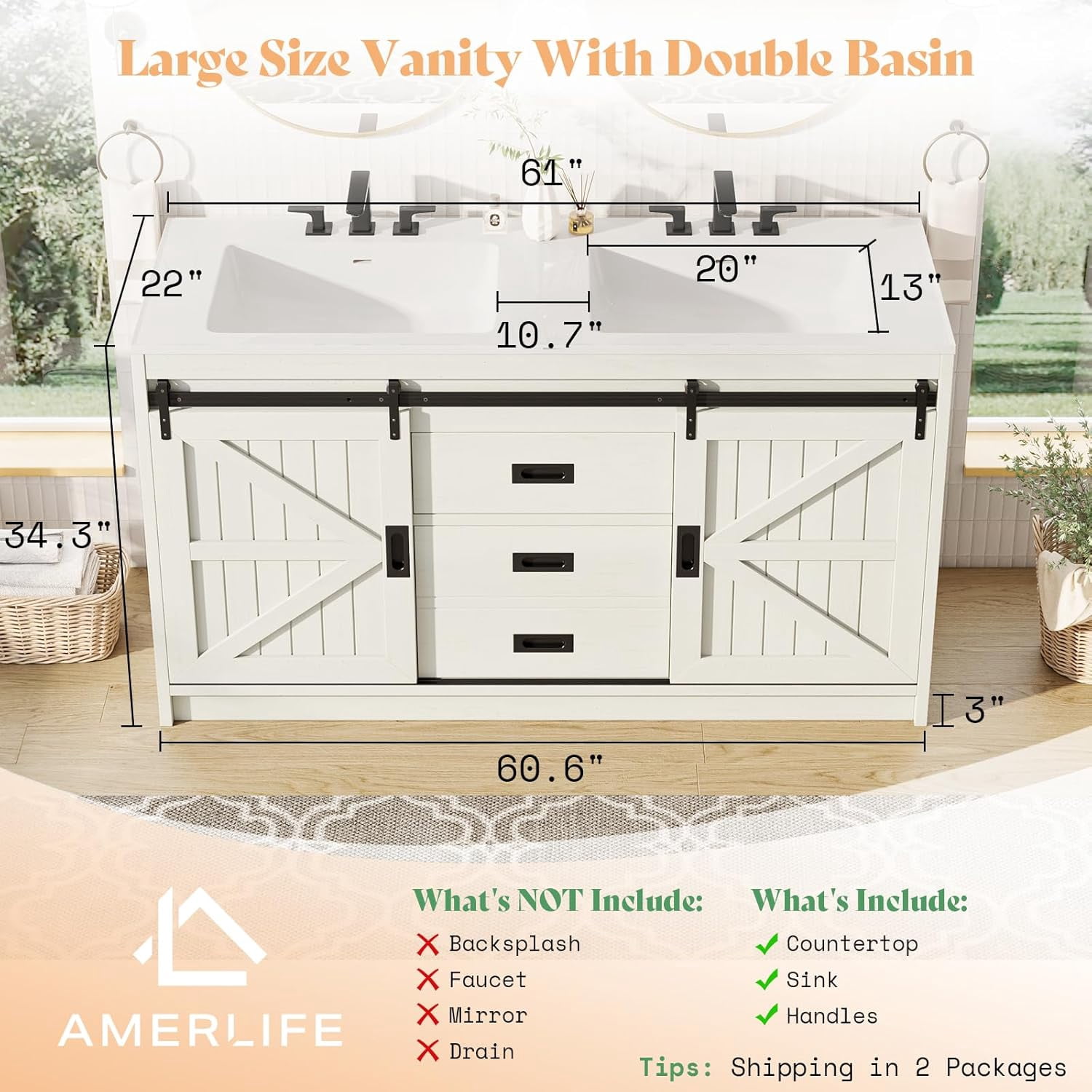 Amerlife 61" Farmhouse Double Bathroom Vanity with Sink Combo, Dual Basin Bathroom Storage Cabinet with Sliding Barn Doors & Drawers, White