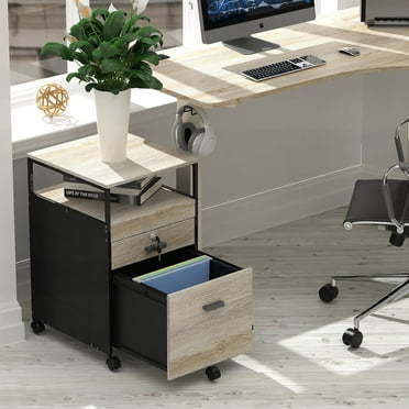 Maple Rolling File Cabinet with 2 Drawers & Open Shelf