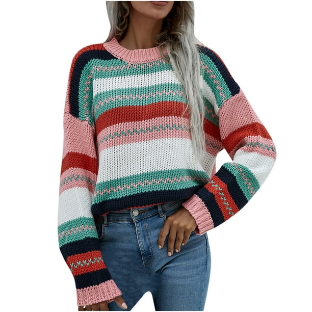 Blusa de manga larga con cuello redondo y estampado de rayas para mujer Pompotops gfhjh11039