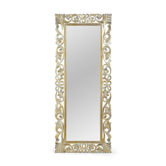 Noble House Koa Traditional Standing Mirror with Floral Carved Frame, Distressed White, Gold