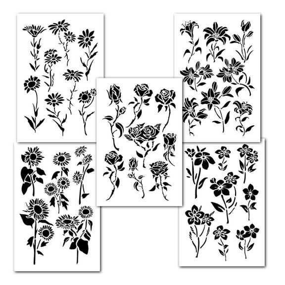 Mixed Flower Painting Stencils Wall Decorating Airbrush Craft 14" Template 5PACK