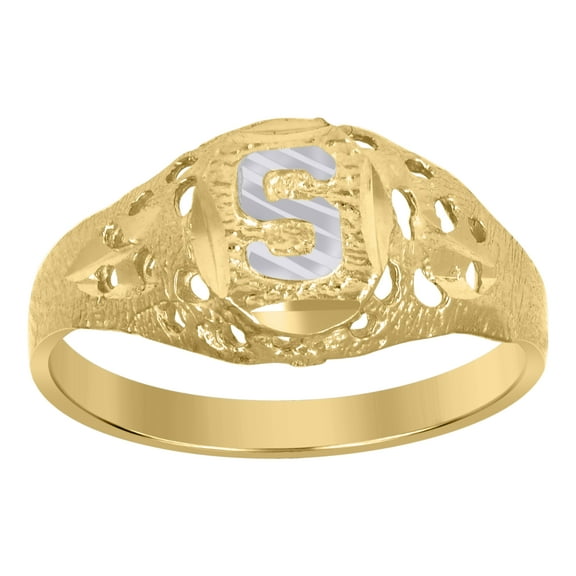 10kt Real Two-Tone Gold Mens Diamond-Cut Textured Oval Initial Letter S Band Ring