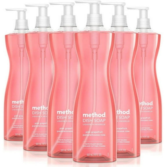 Method Dish Soap Pump, Hour-Glass Bottle Shape, Pink Grapefruit Scent, 18 oz Pump Bottle, 6/Carton