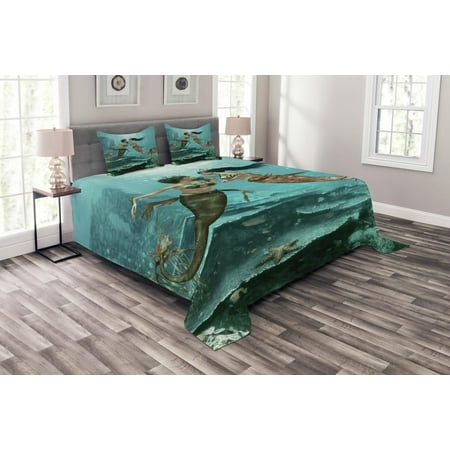 Ocean Bedspreads Mermaid Bedspread Set, Composition with Mythological Beings in Bottom of Ocean Sea Star and Seaweed Motif, Decorative Quilted Coverlet Set with Pillow Shams Included, Multicolor, by Ambesonne ()