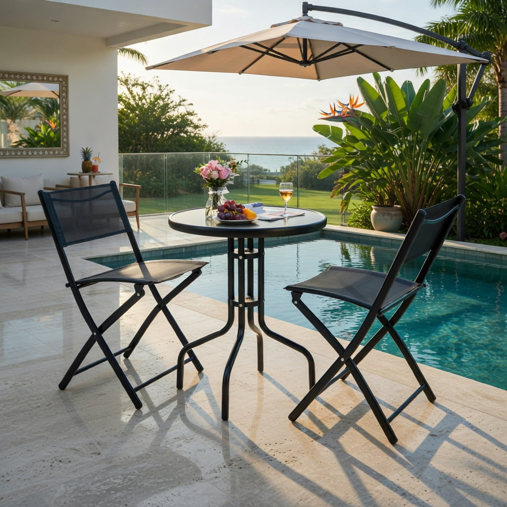 Hommoo 3-Piece Metal Folding Bistro Set, Round Tempered Glass Table + 2 Ergonomic Foldable Chairs for Patio, Garden & Indoor Use, Black