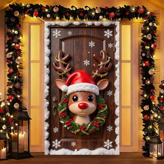 Feltree Christmas Door Cover for Holiday Party Decoration, Easy Hang Polyester Fabric for Front Door, Wall and Table Use
