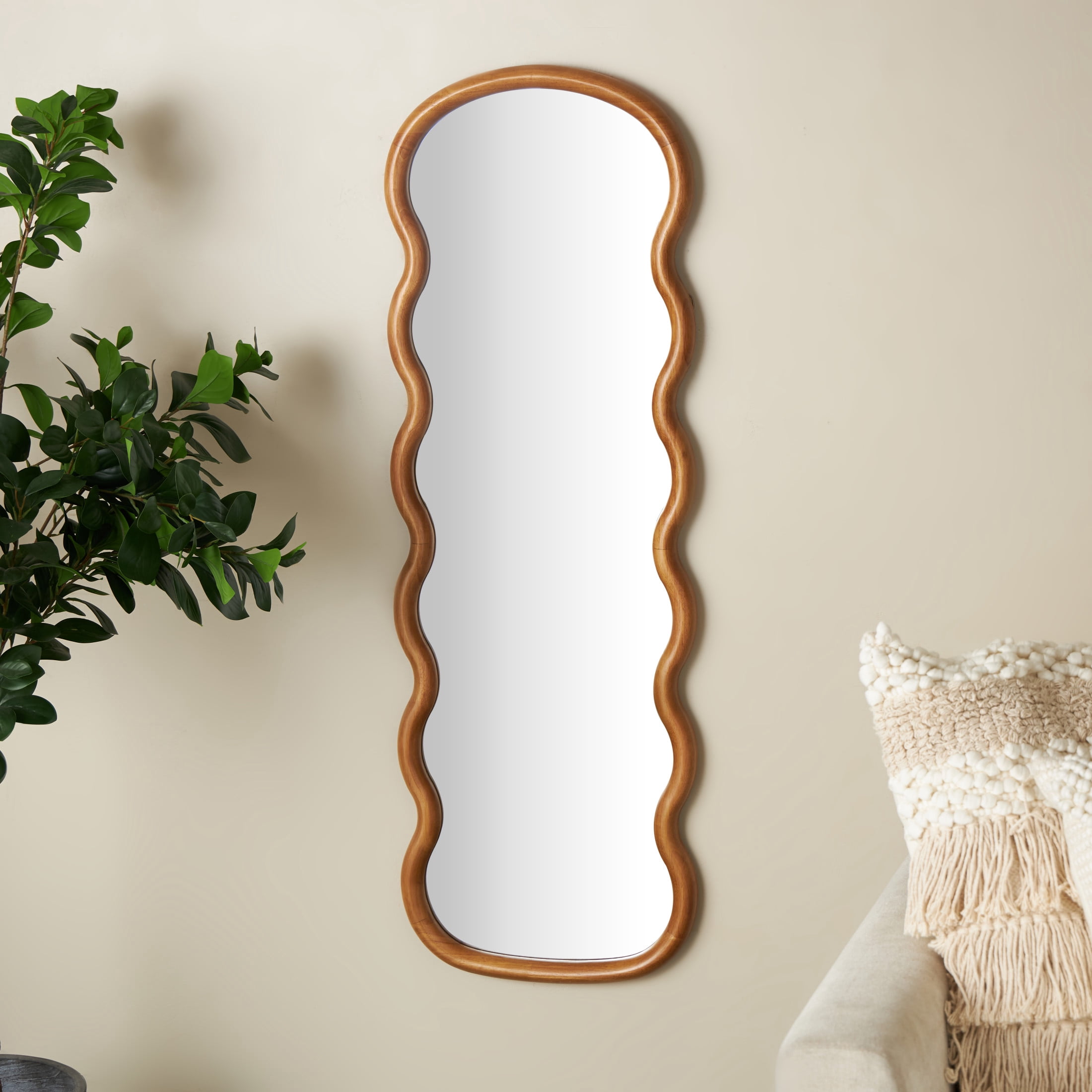 DecMode 16" x 47" Brown Handmade Wavy Abstract Wall Mirror