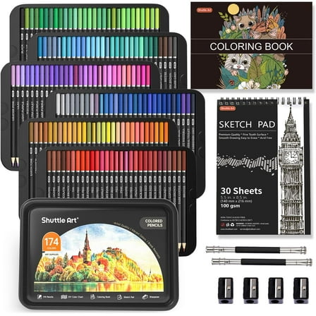 174 Colors Professional Colored Pencils, Shuttle Art Soft Core Coloring Pencils Set with 1 Coloring Book,1 Sketch Pad, 4 Sharpener, 2 Pencil Extender, Perfect for Artists Kids Adults Coloring