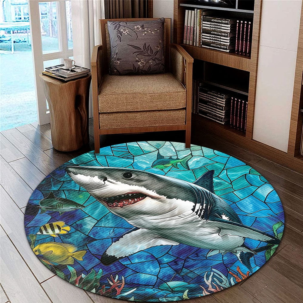 Circle Area Rug, Shark2 Washable Non-Slip Floor Carpet, Soft Rug for Living Room Bedroom Decor 59 Inch