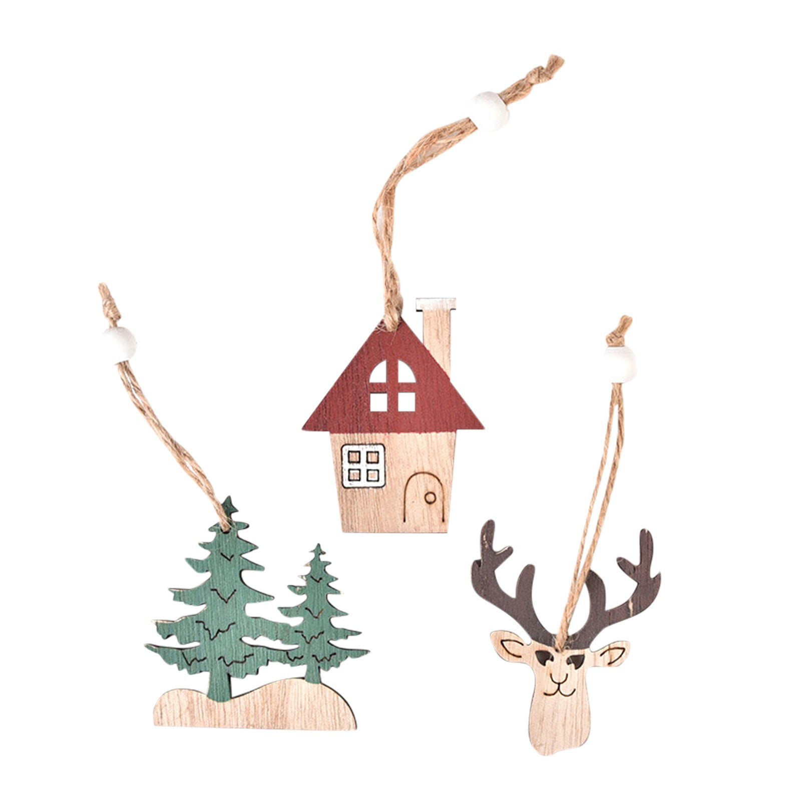 3Pcs Wooden Hanging Christmas Tree Cabin Elk Car Ornament Xmas Party Home Decor 