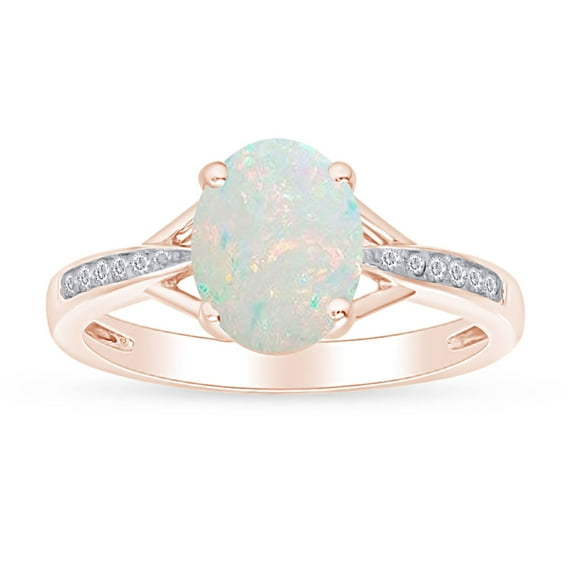 Oval Cut Lab Created Opal Gemstone And Natural Diamond Accents Split Shank Engagement Ring In 14k Rose Gold Over Sterling Silver Jewelry For Women