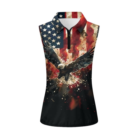 HUIACONG Women's Golf Shirt with American Bald Eagle Pattern, Sleeveless Golf Shirt for Patriotic Ladies Outdoor Golf Games