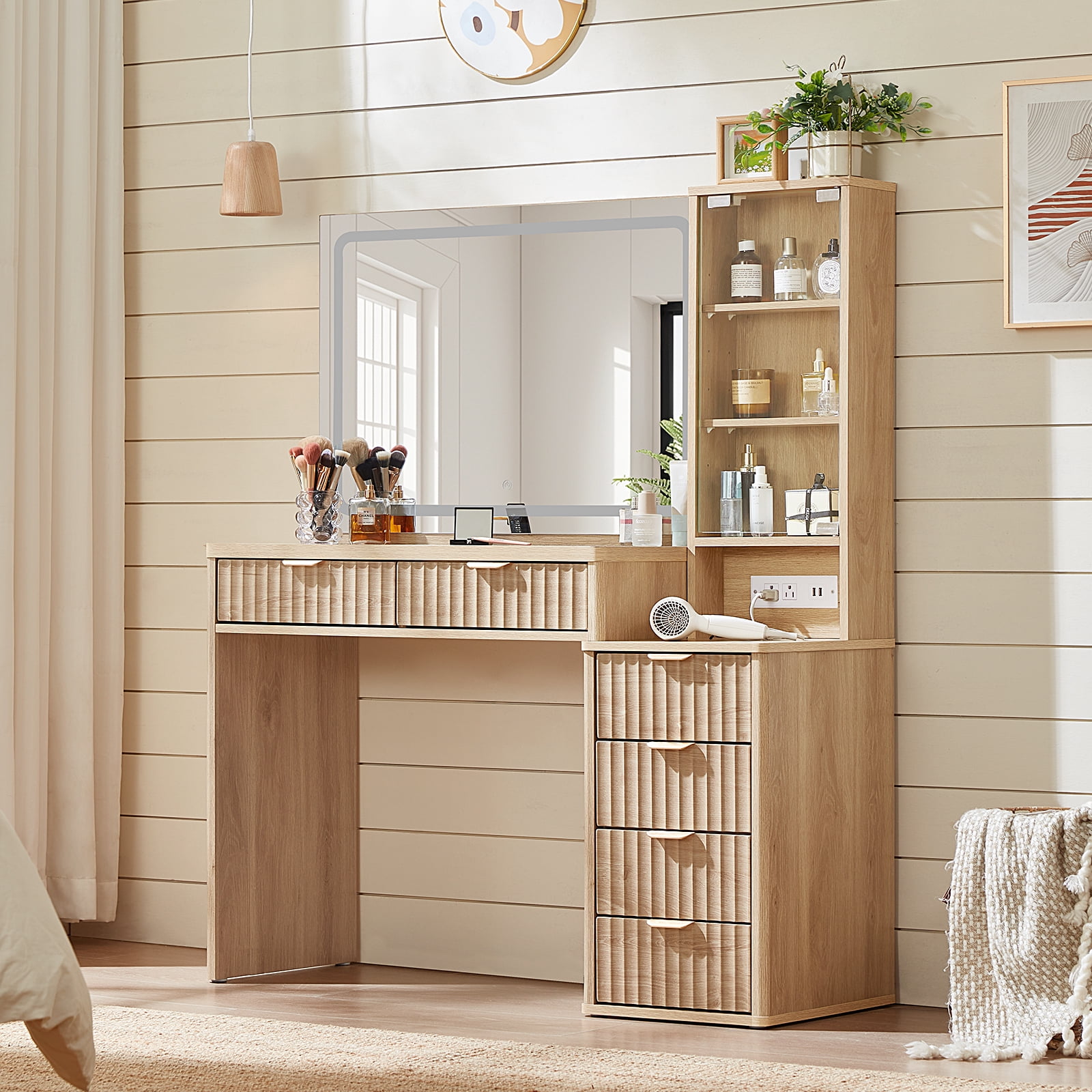 43.5" Fluted Vanity Desk with Mirror and Lights and Power Outlet, Makeup Vanity with Large Desktop & Drawers, Vanity Set with Stool for Bedroom, Natural Wood