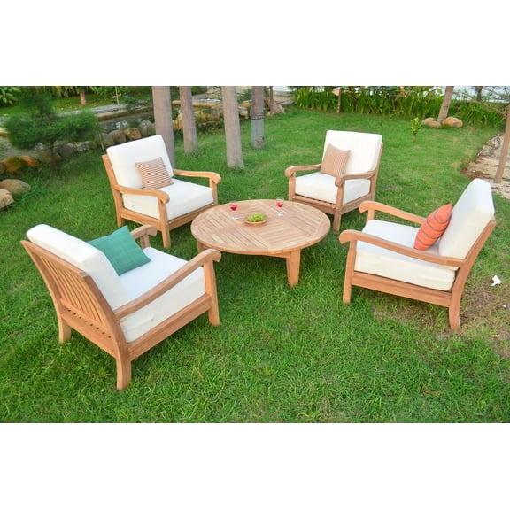 5 PC A Grade Outdoor Patio Teak Sofa Set - 4 Lounge Chairs & Round Coffee Table