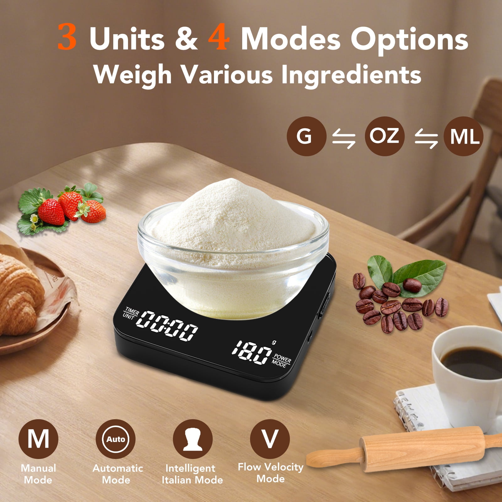 VAMOUT Coffee Scale with Timer, Rechargeable Mini Espresso Scale, 2kg/0.1g Accurate Food Scale for Pour-Over and Espresso Coffee, LCD Display, Portable Digital Kitchen Scale with Automatic Timing