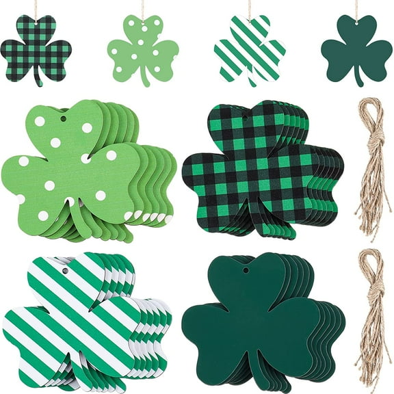 Dearhouse 24 Pieces Shamrock Wooden Ornaments Clover Hanging Ornament St. Patrick's Day Hanging Wood Embellishments with Ropes for St. Patrick's Party Decorations Crafts