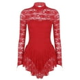 thumbnail image 4 of TiaoBug Women's Lace Figure Ice Skating Dress Long Sleeve Ballet Dance Leotard Dress Lyrical Performance Costume Red S, 4 of 7