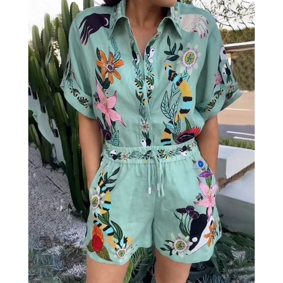 2026 New Casual Two-Piece Set: Printed Shirt Shorts