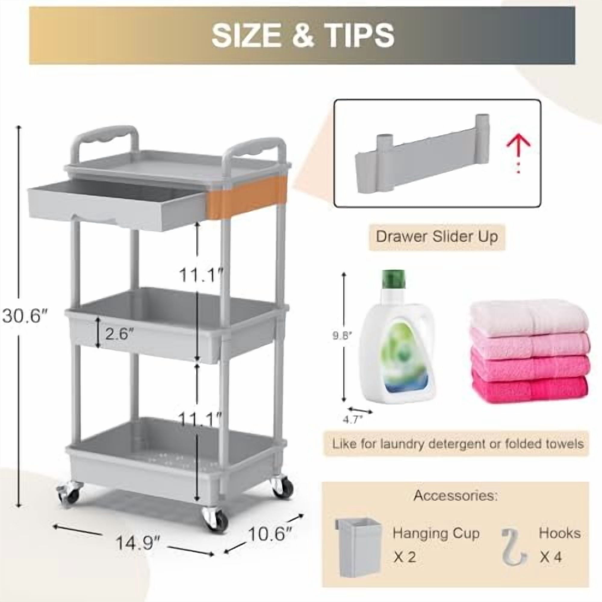 3 Tier Rolling Utility Cart Organizer with Removable Drawer, Stable and Sturdy Grey Rolling Storage Carts with 2 Lockable Wheels for Bathroom, Kitchen, Snack, Craft, Makeup, Baby Essentials