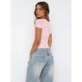 thumbnail image 3 of Women'S Lace Short Sleeve Shirt Low Cut Y2K Slim Fit Top Going Out Club Concert Clothes Pink S, 3 of 5