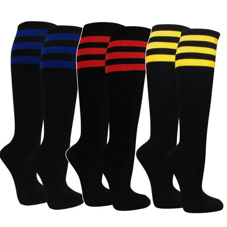 

Couver Black Triple Striped Knee High Ladies Girls Stretchy Fashion Casual Tube Cotton Socks 3 Mixed Pairs -Black / Blue Black/Red Black/Yellow