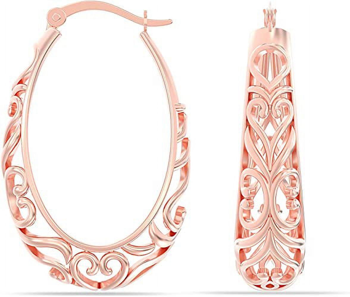 LeCalla 925 Sterling Silver Light-Weight Rose-Gold Plated Click Top Oval Filigree Hoop Earrings Jewelry Gifts for Women 32MM