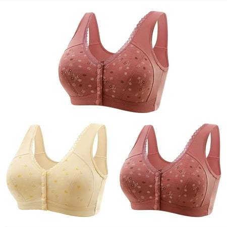 Mrat Wireless Athletic Bras 3pc Women Front Buckle for Middle-Aged and Elderly Underwear Soft Cotton Oversized Tank Tops Without Steel Ring Printed Bra S-453 Beige M