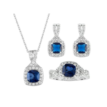 Brilliance Fine Jewelry Women s Created Blue Sapphire Cushion Shape Sterling Silver Earring Ring Set