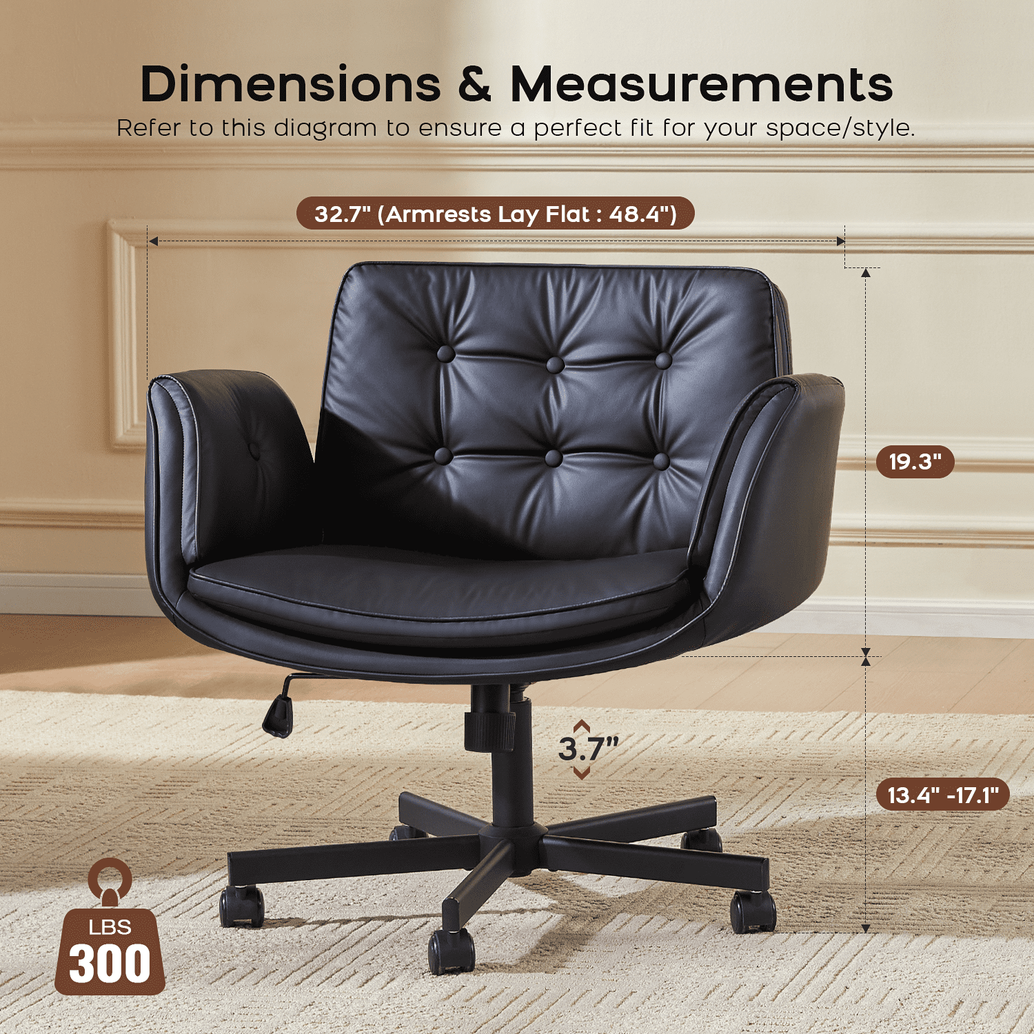 TMV Criss Cross Chair with Wheels & Armrests, Comfy Wide Vanity Chair, PU Leather Cross Legged Desk Chair, Height Adjustable Computer Office Desk Chairs for Home＆Makeup＆Bedroom，Black