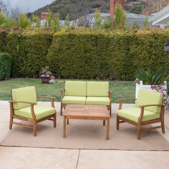 Mavis Outdoor 4 Seat Acacia Wood Chat Set With Cushions, Green, Teak