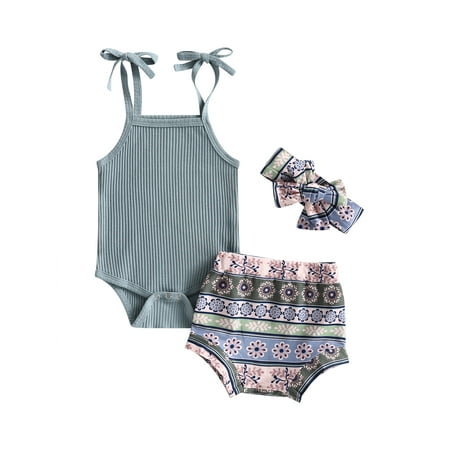 

Frobukio 3Pcs Newborn Baby Girls Shorts Sets Casual Sleeveless Knitting Romper + Bull Animal Print Shorts + Headband Blue Grey 3-6 Months