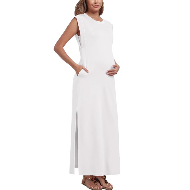 Vestido de mernidad sin mangas, casual, holgado, sin arrugas, con bolsillos, largo