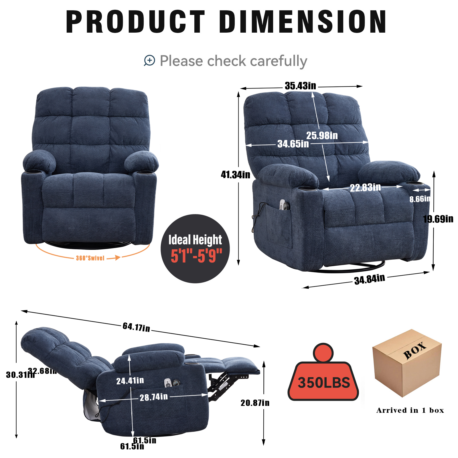 Swivel Rocker Recliner Chair with Heat and Massage, Power Reclining Fabric Lounge Chair for Living Room, 360° Swivel, Pillow Top Arm, Blue