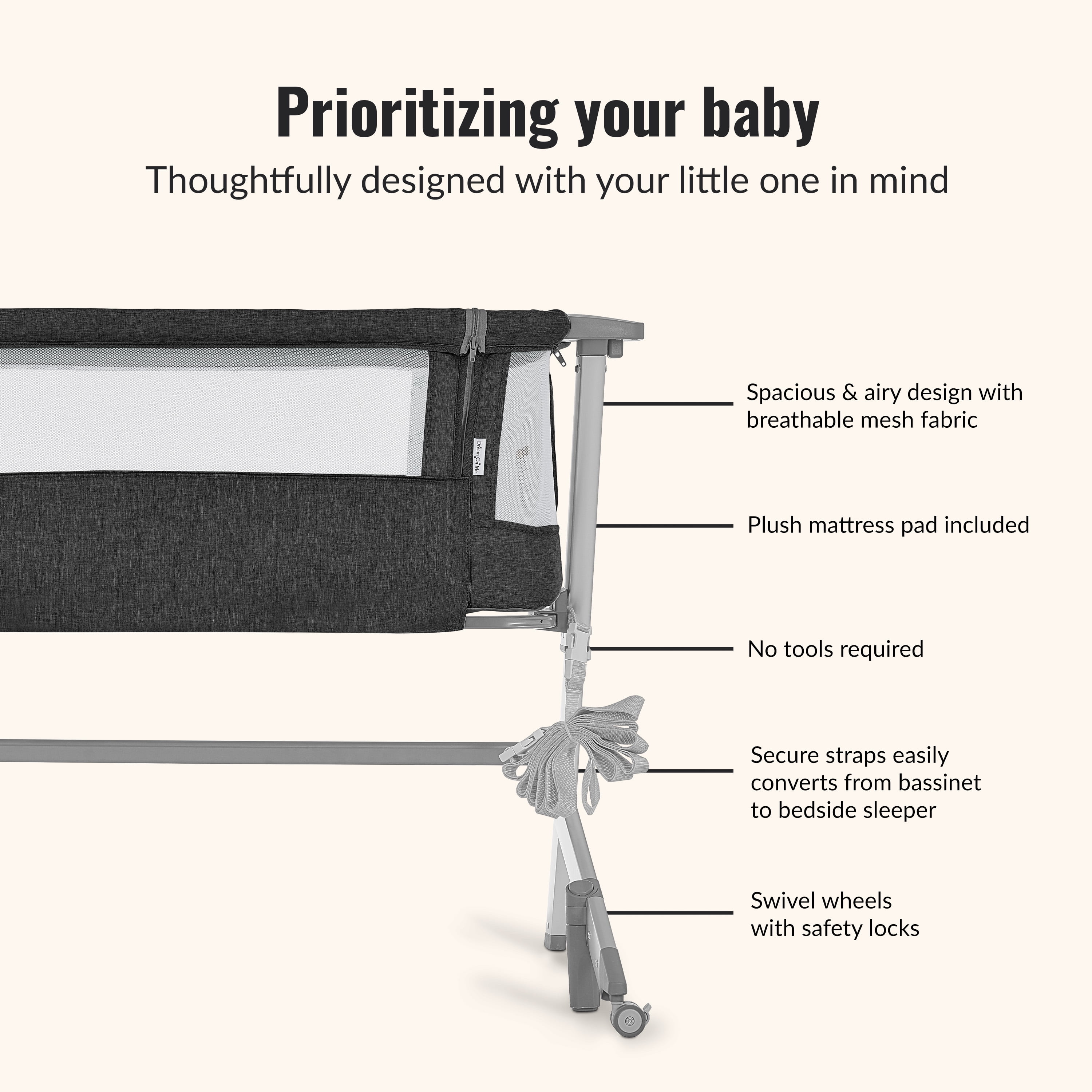 Dream On Me Skylar Bassinet and Bedside Sleeper in Black
