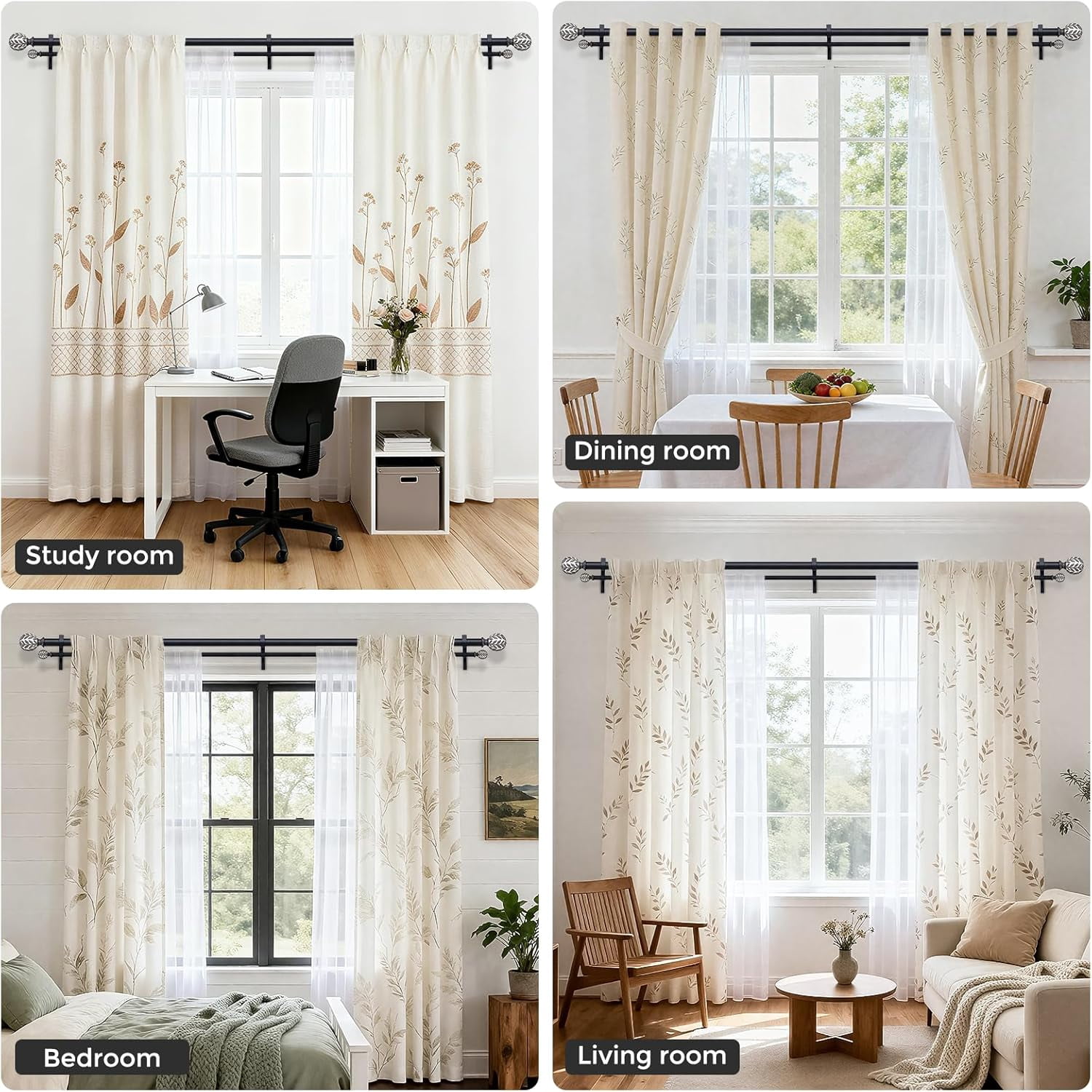 Black Double Curtain Rod 36-124 Inch, Boho Decorative Long Dual Curtain Rods for Windows, 1" Adjustable Heavy Duty Double Rod, Unique Handmade Leaf Finial Design