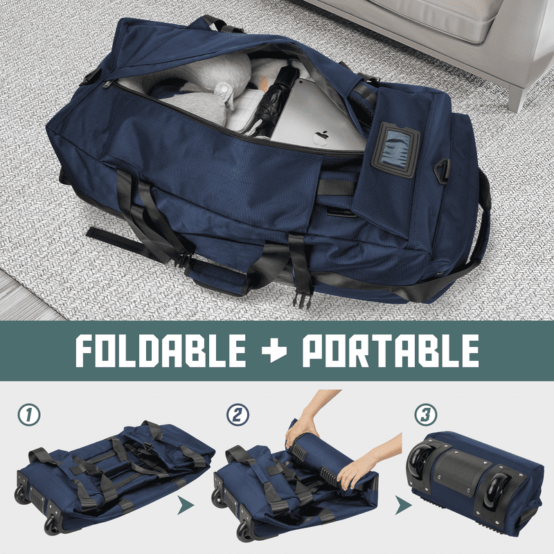 CshidWorld 34-Inch Foldable Rolling Duffle Bag, 90L Water-Resistant Multi-Use Travel Bag with Wheels, Shoulder Straps & Hidden Backpack Straps for Travel, Weekend, Camping, Gym, Blue