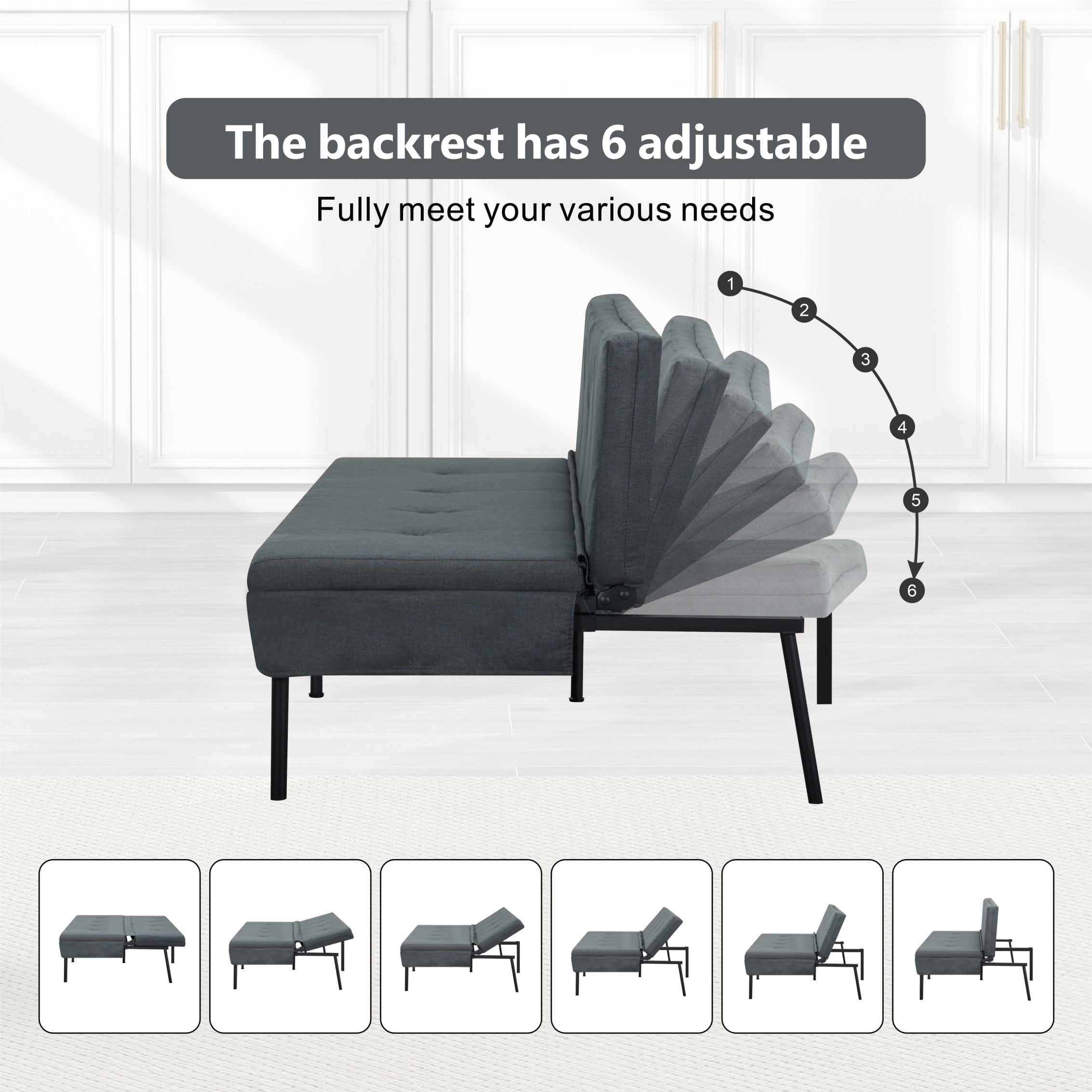 BSHTI 63.39" Futon Sofa Bed – 5 Adjustable Positions, Polyester Fabric, Iron Frame, Modern Design for Living Room, Apartment, Office, Dormitory, Dark Gray