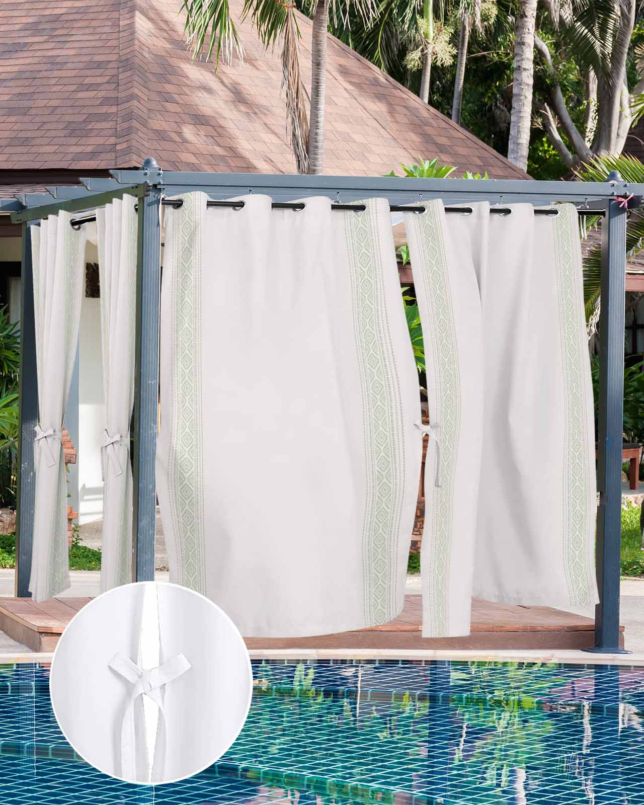 Sage Green Boho Striped Outdoor Curtains for Patio, Vintage Ethnic Tribe Geometric Privacy Drapes Grommet Waterproof Outside Curtains for Porch/Cabana/Balcony 54"x 95", 2 Panel