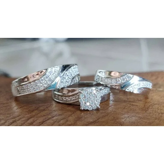 Gold Plated White 14K Round Trio Ring Cut Wedding Moissanite Set For