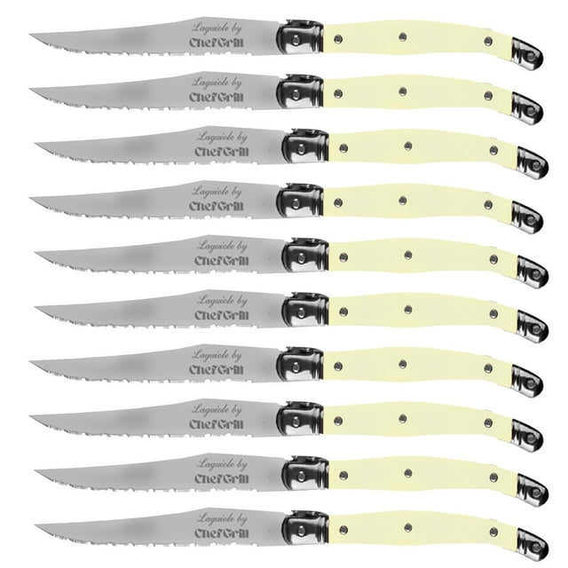 Cuchillos de Corte Carne Alto Filo Laguiolelvory 10 Pzas 23 cm Marfil Acero Inoxidable Cuchillo para carne.