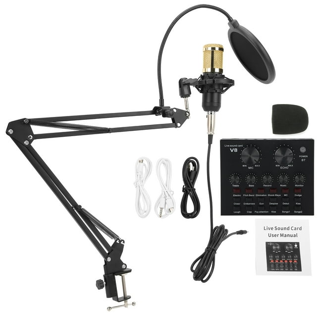 Kit de micrófono de condensador con trípode ajustable y tarjeta de sonido para grabación