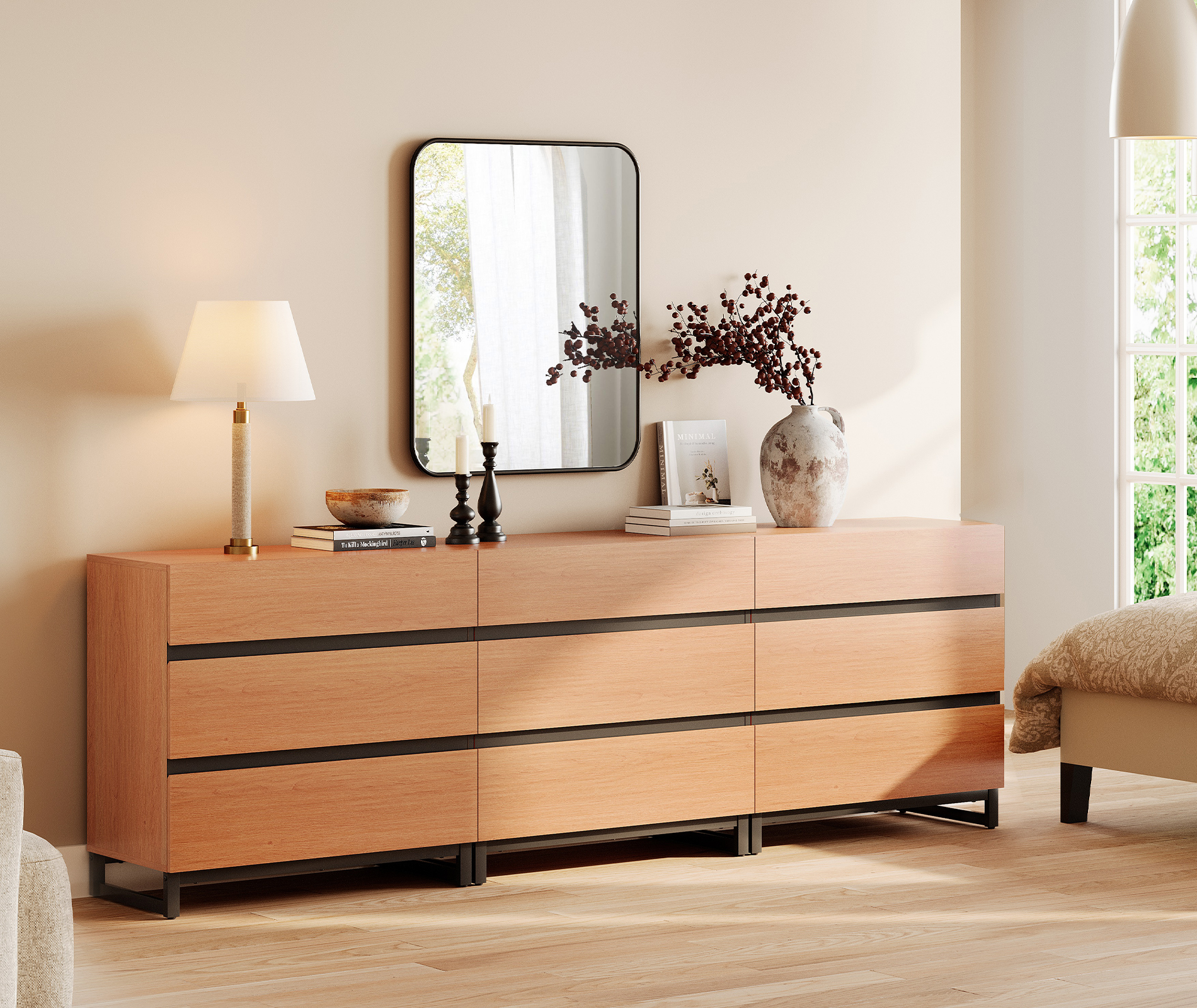 WAMPAT Dresser for Bedroom, Closet Organizers and Storage with 9 Drawers, Chest of Drawers with Metal Base, Wooden Modern Dresser for Living Room, Bedroom, Entryway, Mocha
