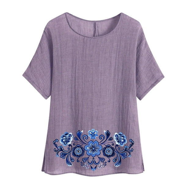 Camiseta de Mujer Camiseta de Manga Corta Impresión Casual Raglan Suelto de Lino Top Blusas, Cuello de la Tripulación