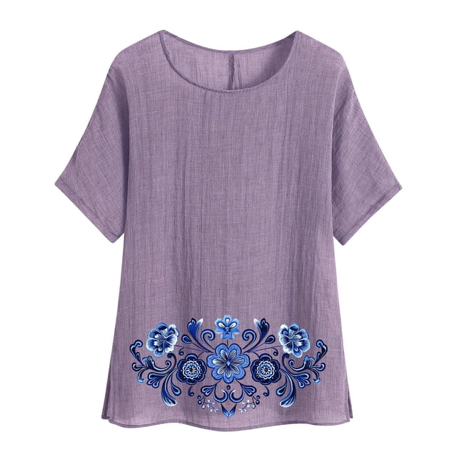 Camiseta de Mujer Camiseta de Manga Corta Impresión Casual Raglan Suelto de Lino Top Blusas, Cuello de la Tripulación