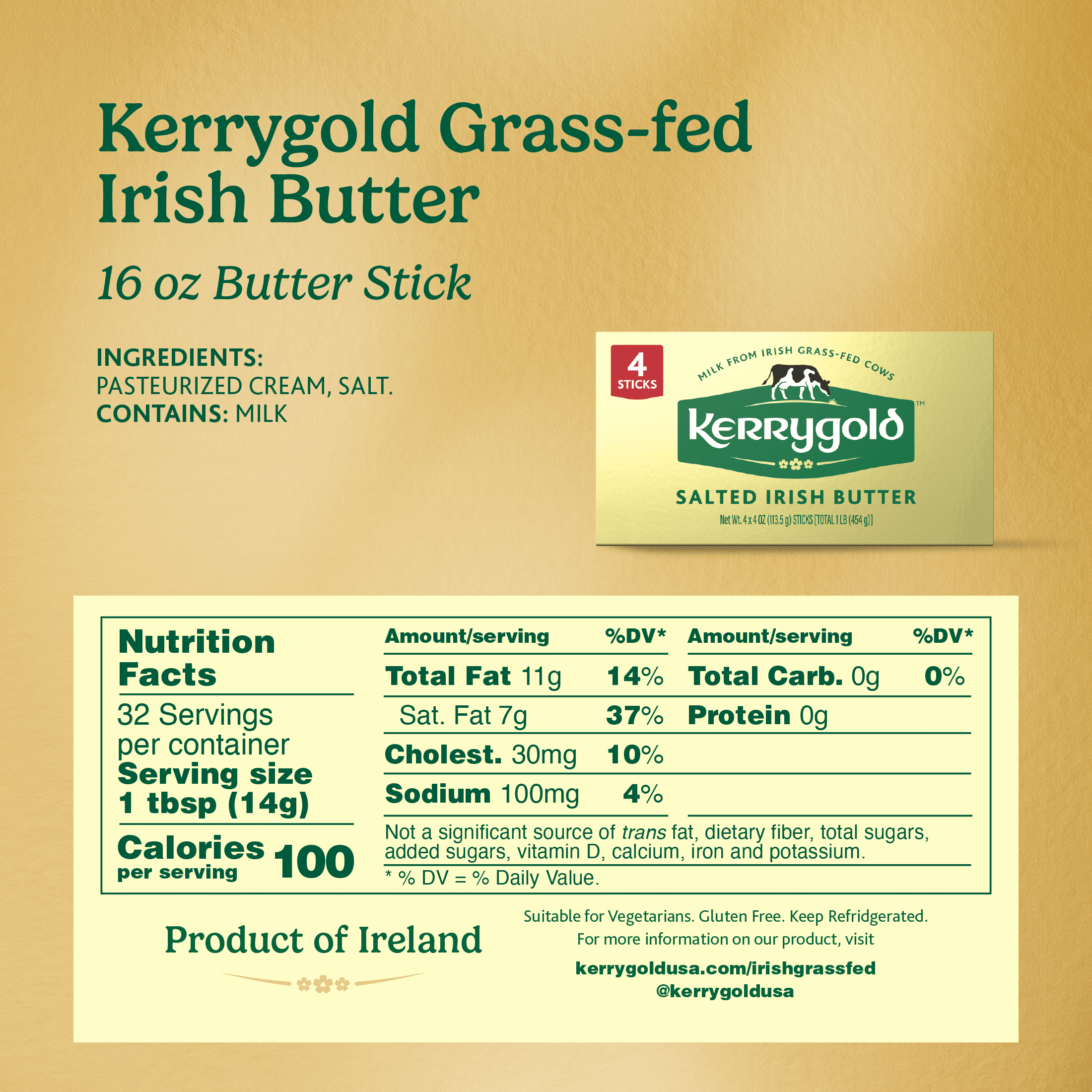 Kerrygold Irish Grass-fed Salted Butter Sticks, 16oz 4x4oz