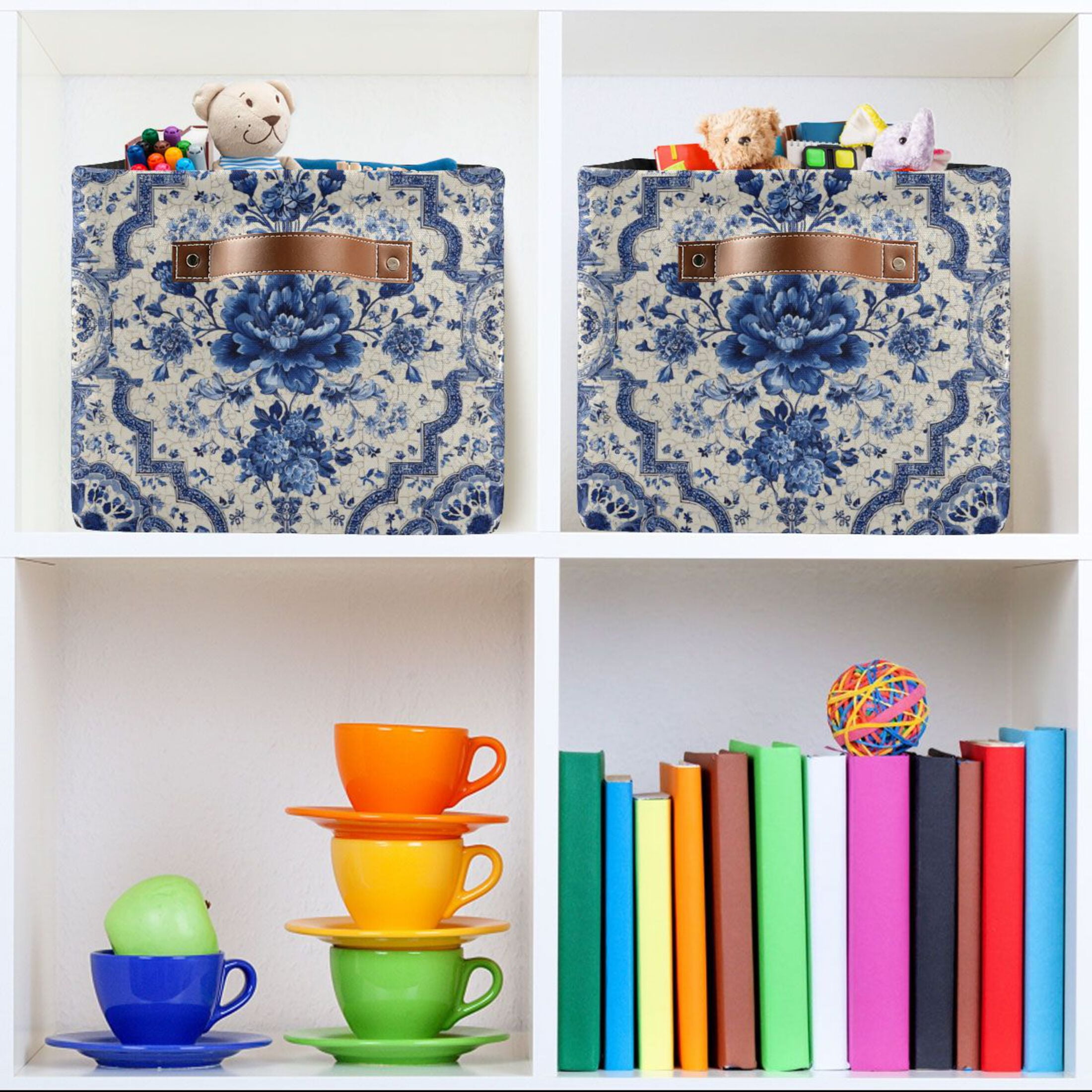 Foldable Storage Basket,Canvas Fabric Foldable Storage Bins with Handles Open Home Storage Bins Boxes for Toy Book Shelf Closet Baskets Blue and White Porcelain-style