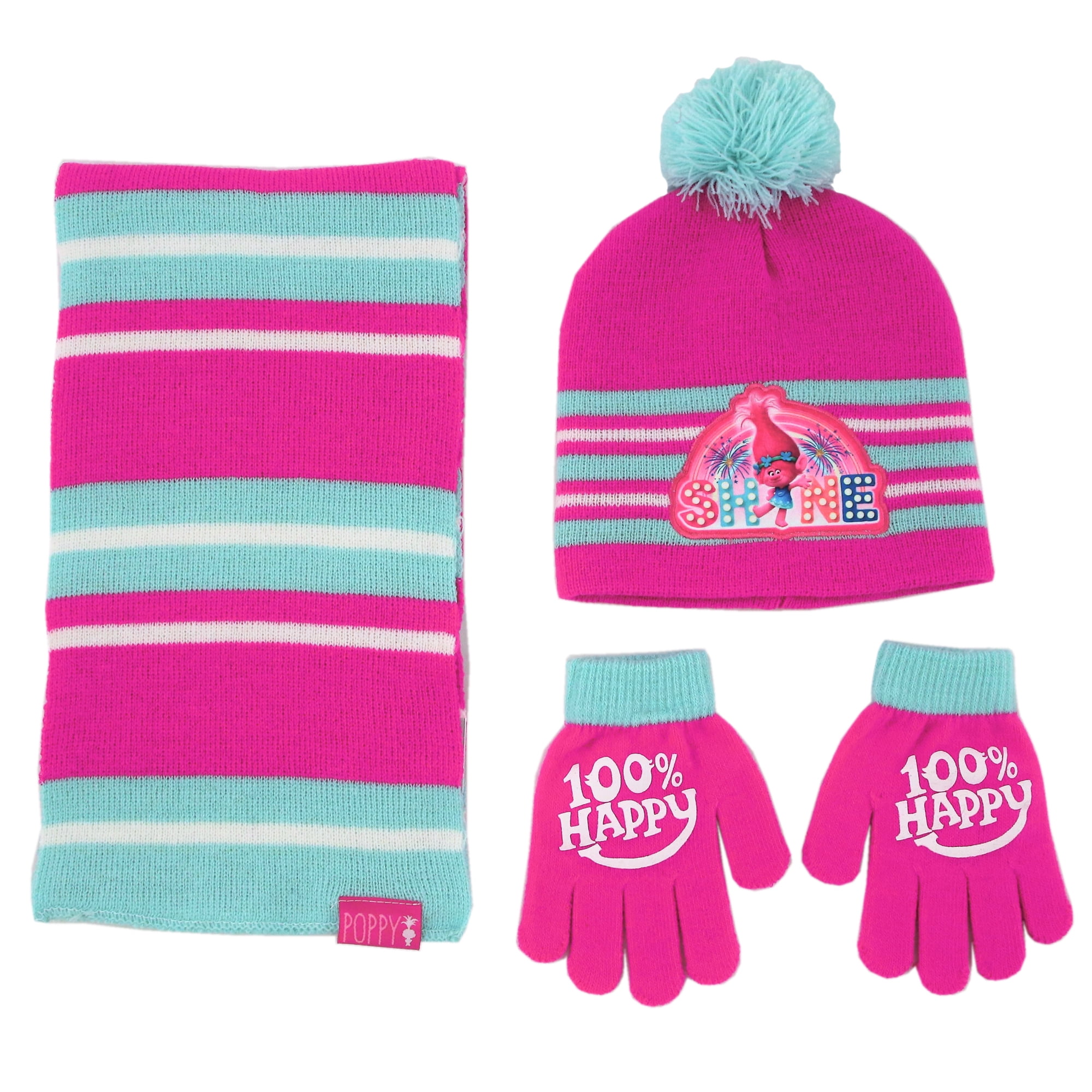 Licensed Girls Trolls Pink Winter Beanie Bobble Hat Gloves Set Age 6-12 Years 