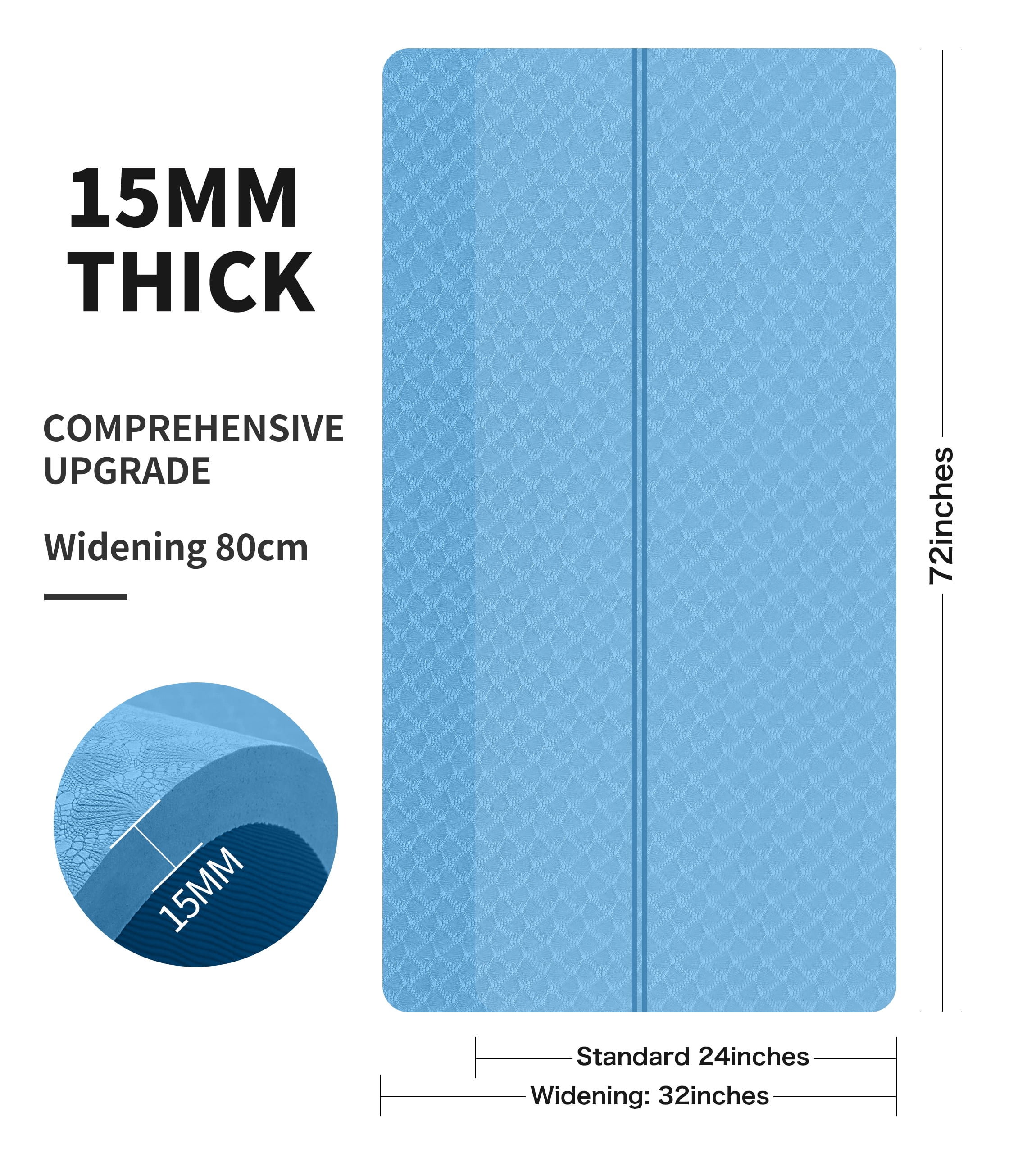 Extra Thickened 15mm Exercise Mat (72" x 32") for Men & Women Non Slip with High Density Large Shock Absorber Pad for Home Gym Travel & Floor Outside Fitness in Light Blue