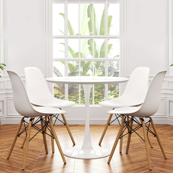 Modholic Tulip 36" Round Wood Dining Table & Set Of 4 Wood Leg Chairs, White