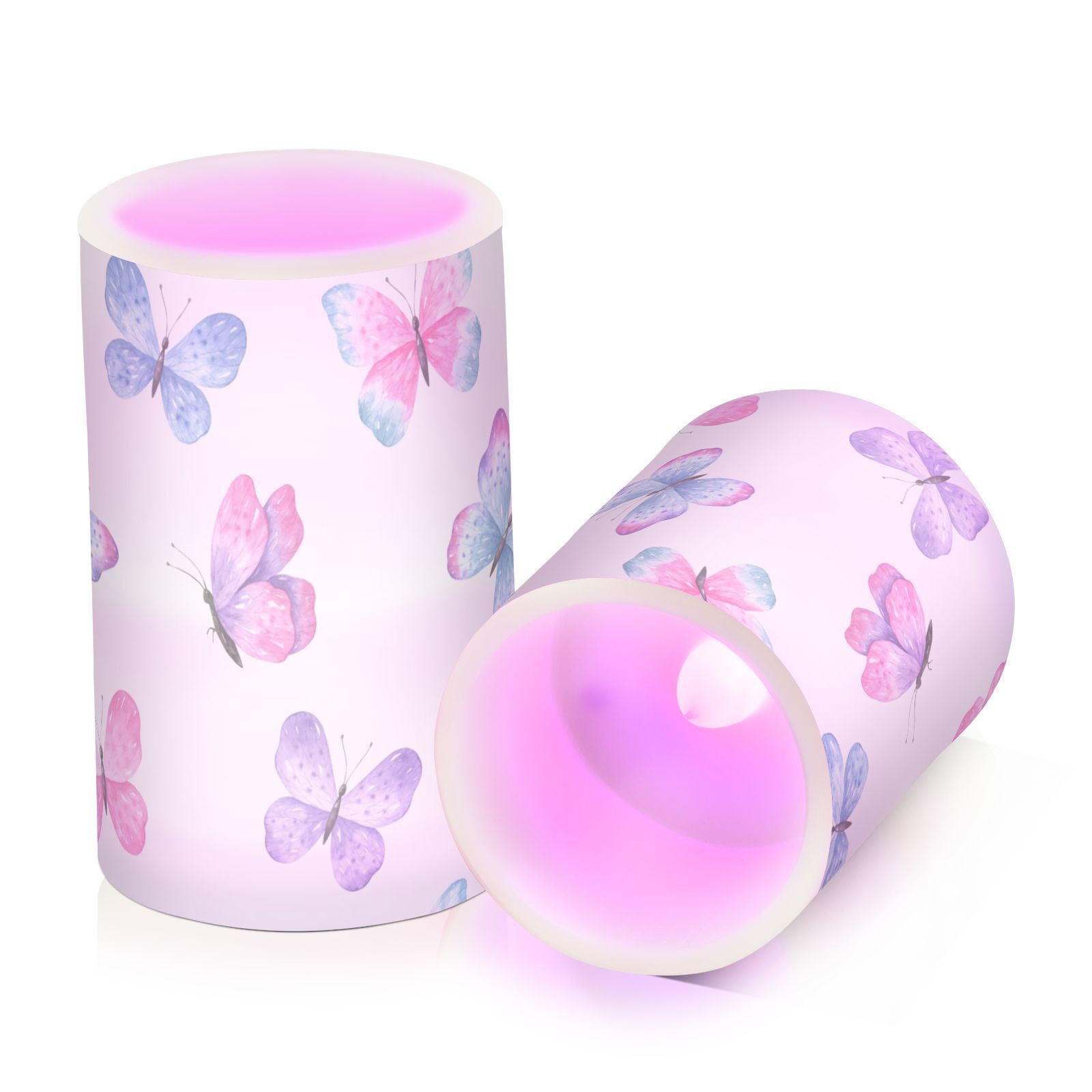 Cute Pink Butterfly in White 2 PCS LED Flickering Flameless Candles with Remote Control Realistic 3D Wick LED Window Candles Sets for Wedding Table Home Decoration Gifts